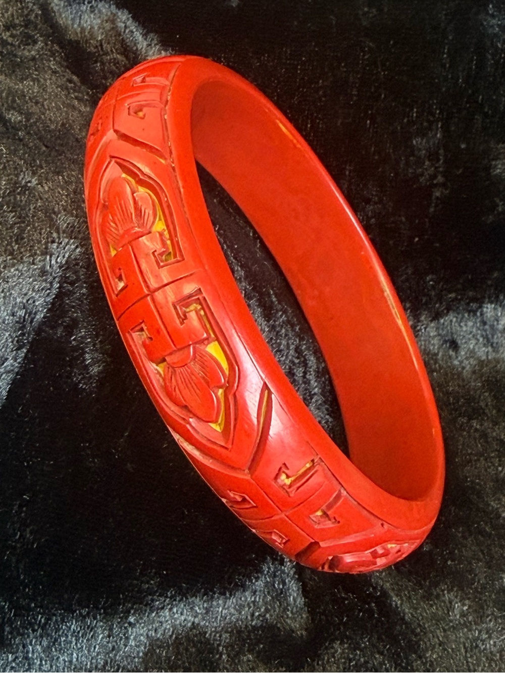 Vintage Carved Cinnabar Red Floral Bangle Bracelet